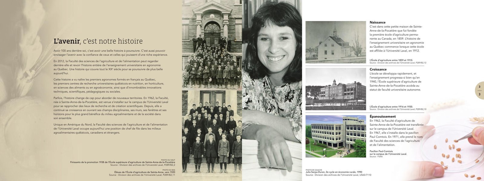 Brochure « L'avenir, c'est notre histoire », 100 ans de la Faculté des sciences de l'agriculture et de l'alimentation, Université Laval